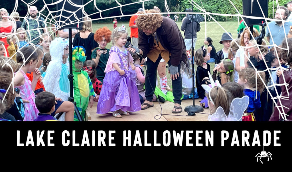 MC interviewing small princess in purple dress with other costumed children watching